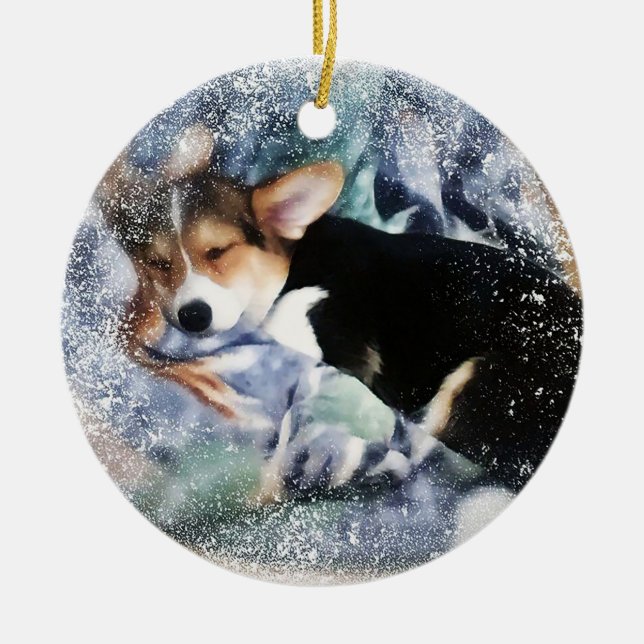 Sleepy Holiday Corgi Puppy Ceramic Tree Decoration (Front)