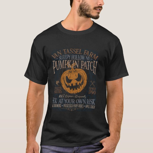 Sleepy Hollow Pumpkin Picking Farm Funny Halloween T-Shirt (Front)