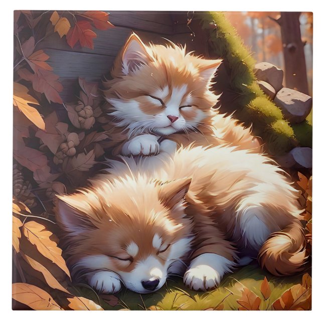 Sleepy Kitten and Puppy Fall Leaves Portrait Art Tile (Front)