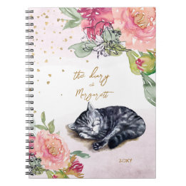 Sleepy Kitten Illustration Flower Girl Daily Diary Notebook