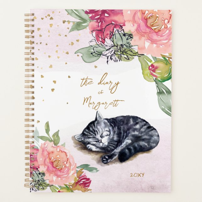 Sleepy Kitten Illustration Flower Girl Daily Diary Planner (Front)