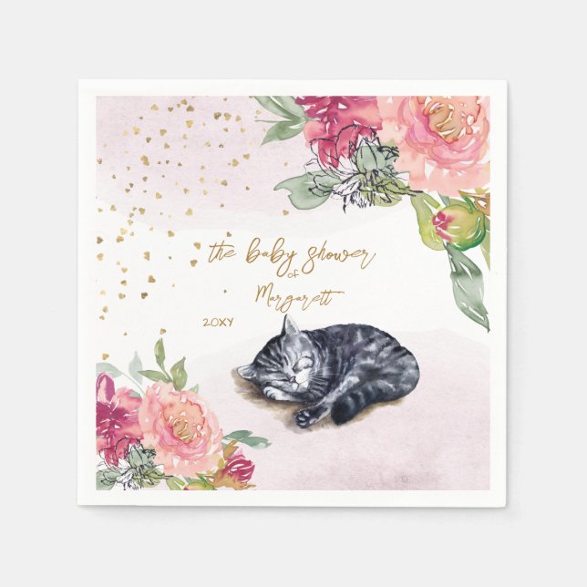 Sleepy Kitten Illustration Girl Baby Shower Napkin (Front)
