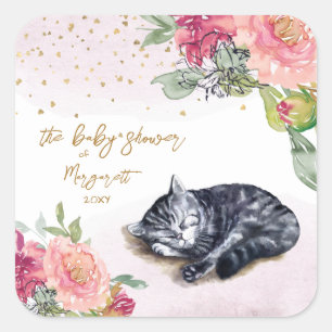 Sleepy Kitten Illustration Girl Baby Shower Square Sticker