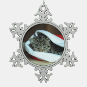 Sleepy kitty snowflake pewter christmas ornament