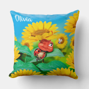 Sleepy Ladybug & sunflowers, custom throw cushion