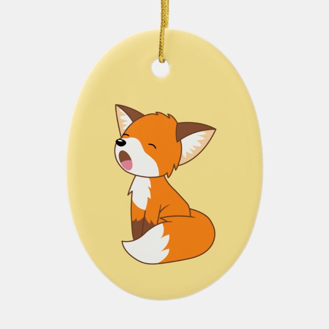 Sleepy Little Fox on Yellow Magnetic Ceramic Tree Decoration (Front)