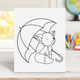 Sleepy Little Fox under Umbrella Colouring Page Poster