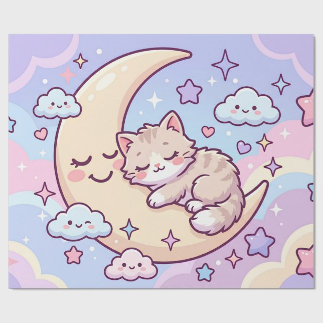 Sleepy Moon Kitten Wrapping Paper (Flat)