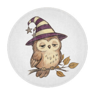 Sleepy Night Owl in Purple Witch Hat Halloween Col Cutting Board