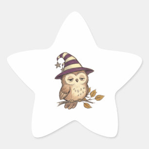 Sleepy Night Owl in Purple Witch Hat Halloween Col Star Sticker
