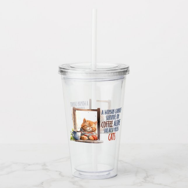 Sleepy Orange Cat with Coffee – Cosy Cat Acrylic Tumbler (Front)