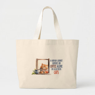 Sleepy Orange Cat with Coffee – Cosy Cat Large Tote Bag