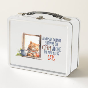 Sleepy Orange Cat with Coffee – Cosy Cat Metal Lunch Box