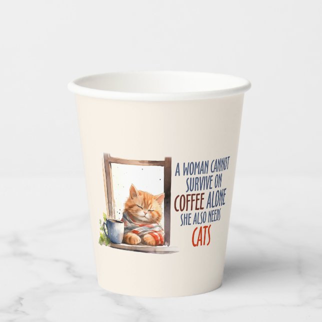 Sleepy Orange Cat with Coffee – Cosy Cat Paper Cups (Front)