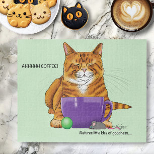 Sleepy Orange Ginger Cat Coffee Green Purple Jigsaw Puzzle