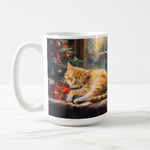 SLEEPY ORANGE TABBY KITTEN UNDER CHRISTMAS TREE COFFEE MUG