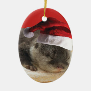 Sleepy Otter Santa Claus Ceramic Tree Decoration