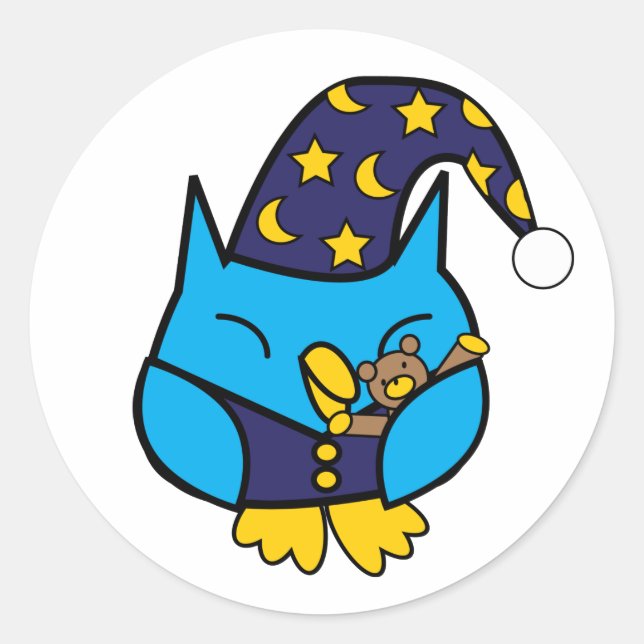 Sleepy Owl Teddy Bear Blue Classic Round Sticker (Front)