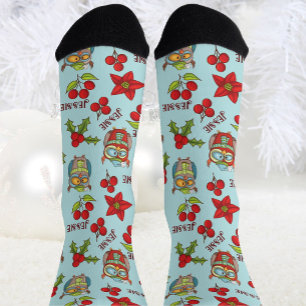 Sleepy Owls Personalise Name Christmas Novelty Socks