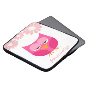 Sleepy Pink Owl and Flowers Personalised Laptop Sleeve