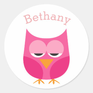 Sleepy Pink Owl Personalised Classic Round Sticker