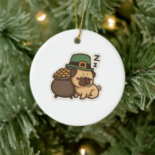 Sleepy Pug Leprechaun Retro St. Patrick's Day Ceramic Tree Decoration