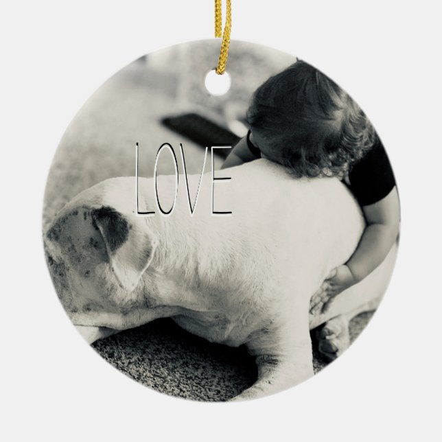 Sleepy puppy pitbull and baby cuddles ceramic tree decoration (Front)