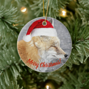 Sleepy Red Fox Wearing Red Santa Hat Holiday Ceramic Tree Decoration