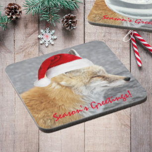 Sleepy Red Fox Wearing Red Santa Hat Holiday Coaster
