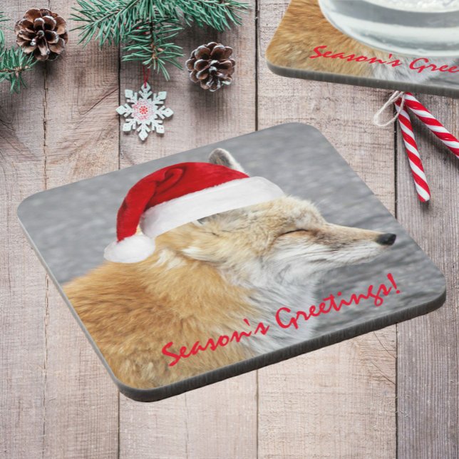 Sleepy Red Fox Wearing Red Santa Hat Holiday Coaster (In Situ Holiday)