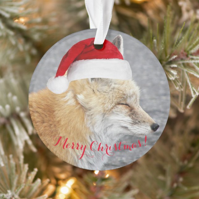 Sleepy Red Fox Wearing Red Santa Hat Holiday Ornament (Tree)