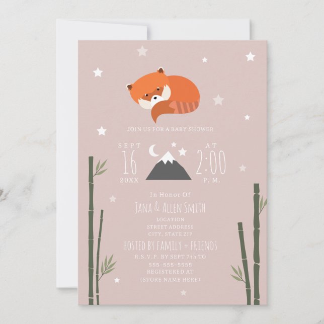 Sleepy Red Panda Bamboo Pink Girl Baby Shower Invitation (Front)