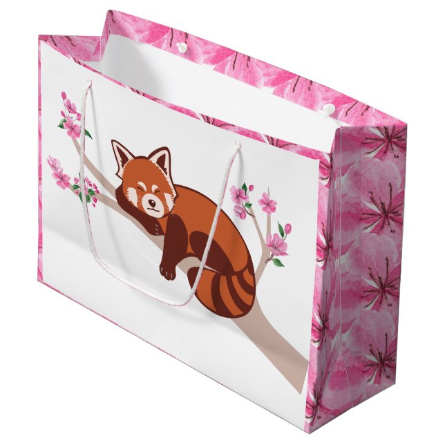 "Sleepy Red Panda" Cherry Blossom  Large Gift Bag (Front Angled)