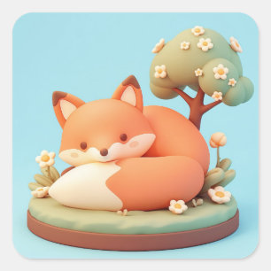 Sleepy Round Clay Red Fox Square Sticker