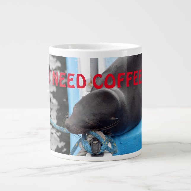 Sleepy Sea Lion Needs Coffee! Large Coffee Mug (Front)