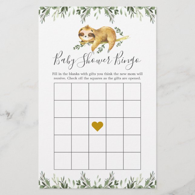 Sleepy Sloth Baby Shower Bingo Game (Front)