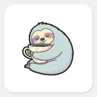 Sleepy Sloth with Coffee – Cute Cozy Illustration Square Sticker