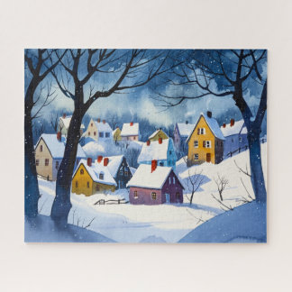Sleepy Snowy Village - Watercolor Jigsaw Puzzle