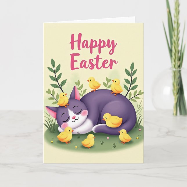 Sleepy Spring Cat Easter Card (Front)
