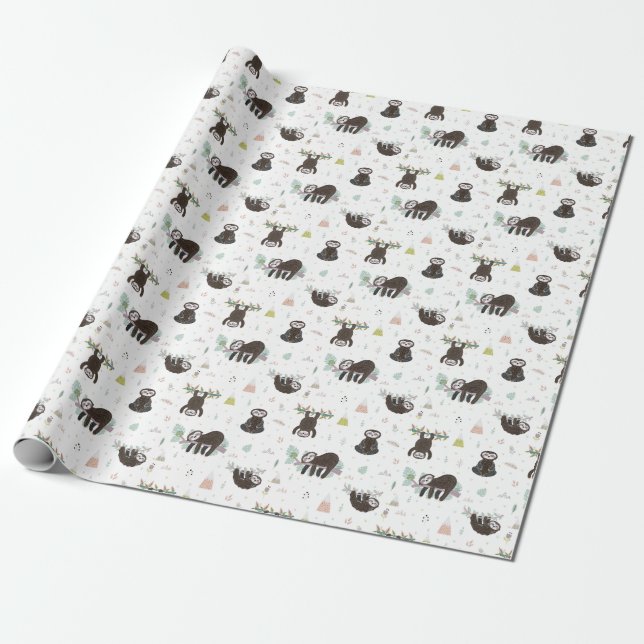 Sleepy Sweet Sloth Pattern Wrapping Paper (Unrolled)