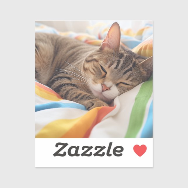 Sleepy tabby cat on colourful sheets (Sheet)