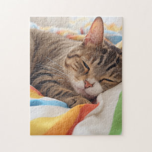Sleepy tabby cat on colourful sheets jigsaw puzzle