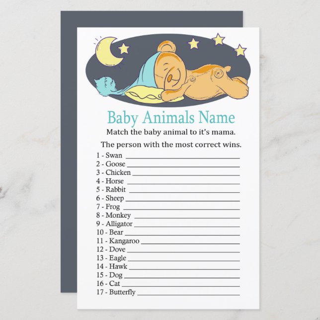 Sleepy teddy bear Baby Animals Name Game (Front/Back)