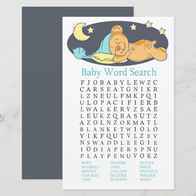 Sleepy teddy bear Baby Shower Word Search Game (Front/Back)