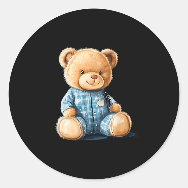 Sleepy Teddy Bear In Cute Pajama Outfit  Classic Round Sticker (Front)
