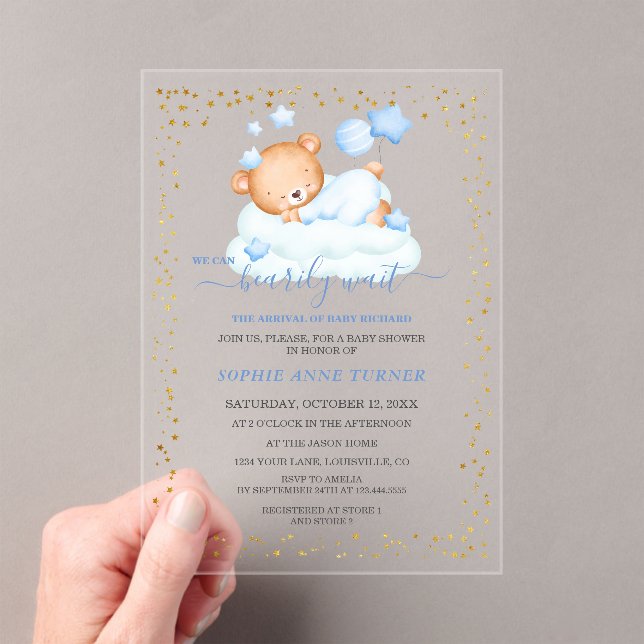 Sleepy Teddy Bear Nearly Await Boy Baby Shower Acrylic Invitations (Insitu (Handheld))