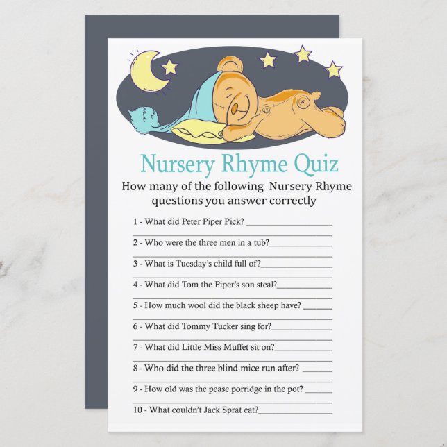 Sleepy teddy bear Nursery Rhyme Quiz baby shower g (Front/Back)