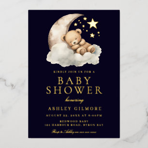 Sleepy Teddy Bear on Moon Baby Shower Gold
