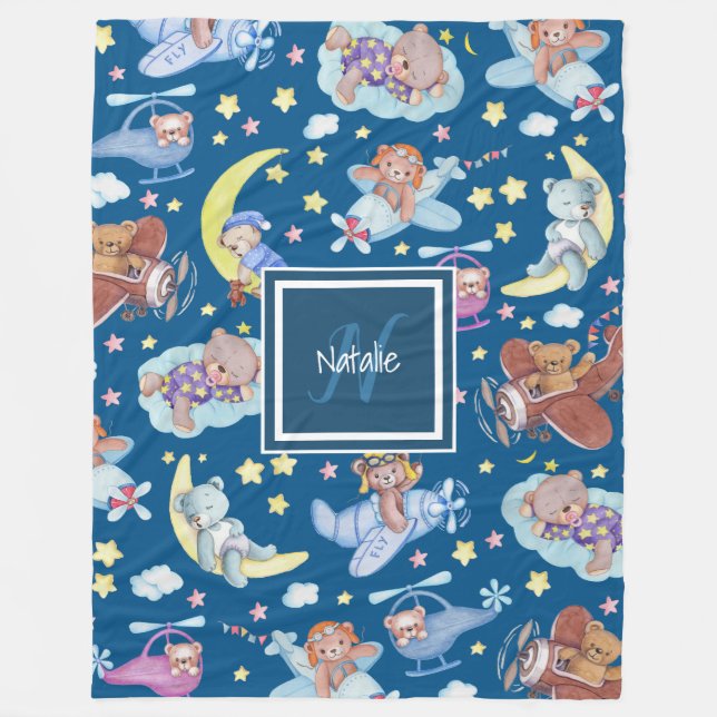 Sleepy Teddy Bears Dreaming of Flying Aeroplanes Fleece Blanket (Front)
