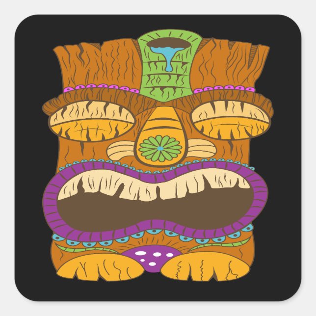 Sleepy Tiki Statue with Open Mouth, Funny Black Square Sticker (Front)